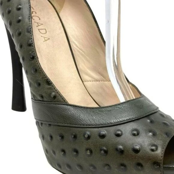 Escada Ostrich Embossed Sage Leather Peep Toe Pumps Size 11 - Picture 4 of 11